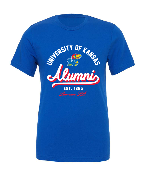 University of Kansas Alumni est. 1865 design on a blue t-shirt