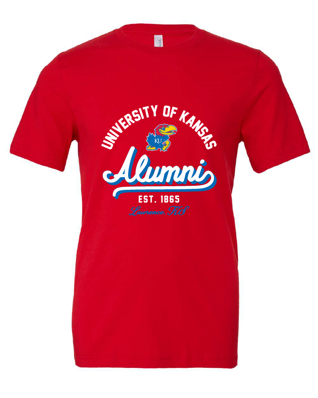 University of Kansas Alumni est. 1865 design on a red t-shirt