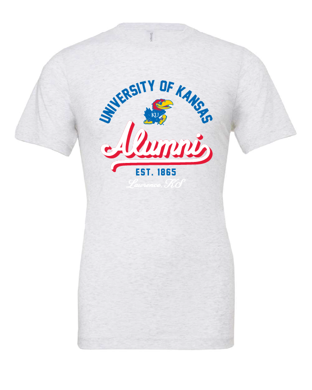 University of Kansas Alumni est. 1865 design on a white t-shirt