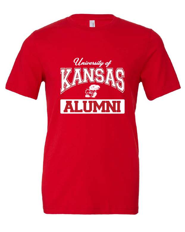 University of Kansas Alumni Arch design on a red t-shirt