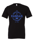 University of Kansas Liberator Font design on a black t-shirt