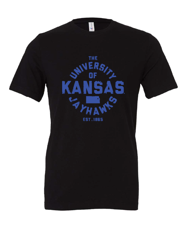 University of Kansas Liberator Font design on a black t-shirt