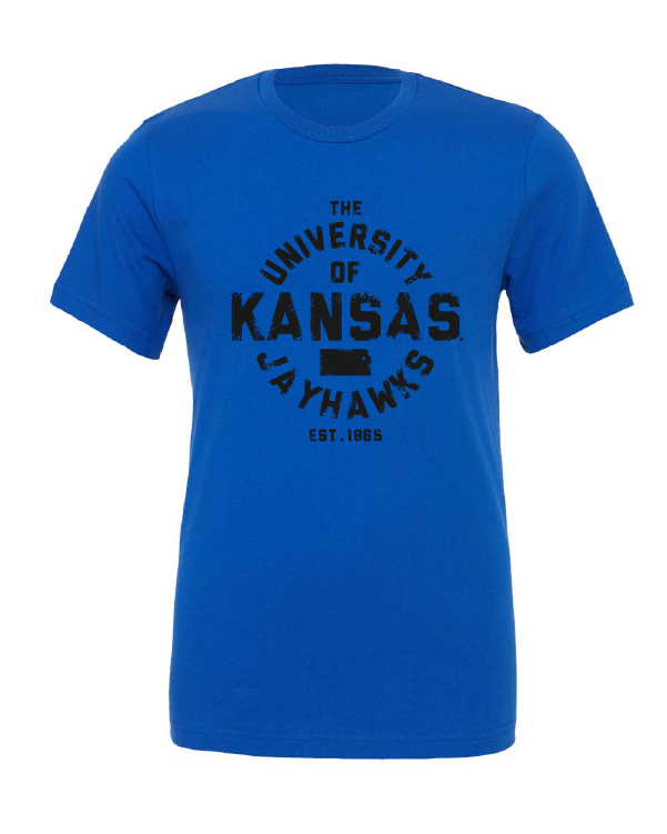 University of Kansas Liberator Font design on a blue t-shirt