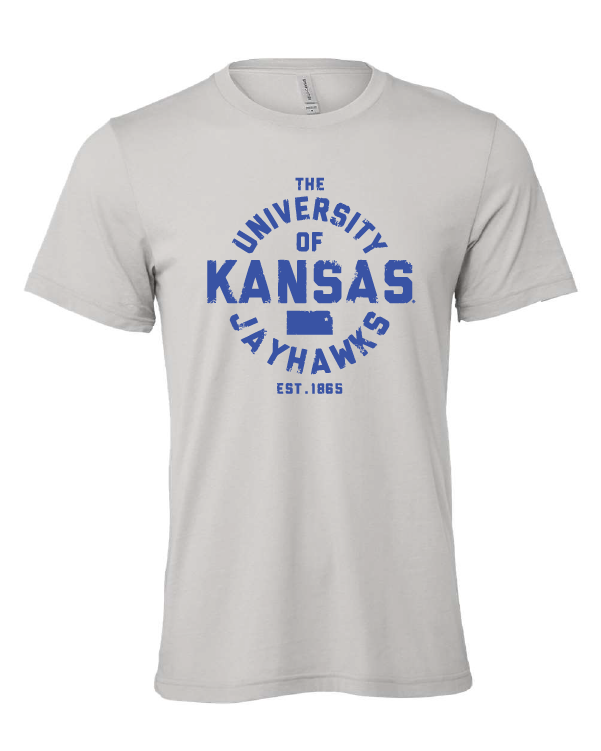 University of Kansas Liberator Font design on a gray t-shirt
