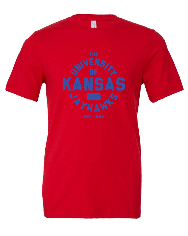 University of Kansas Liberator Font design on a red t-shirt