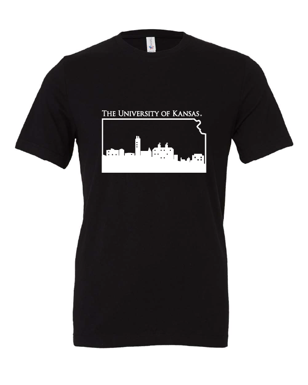 KU university of kansas college campus skyline state outline black tshirt t-shirt 