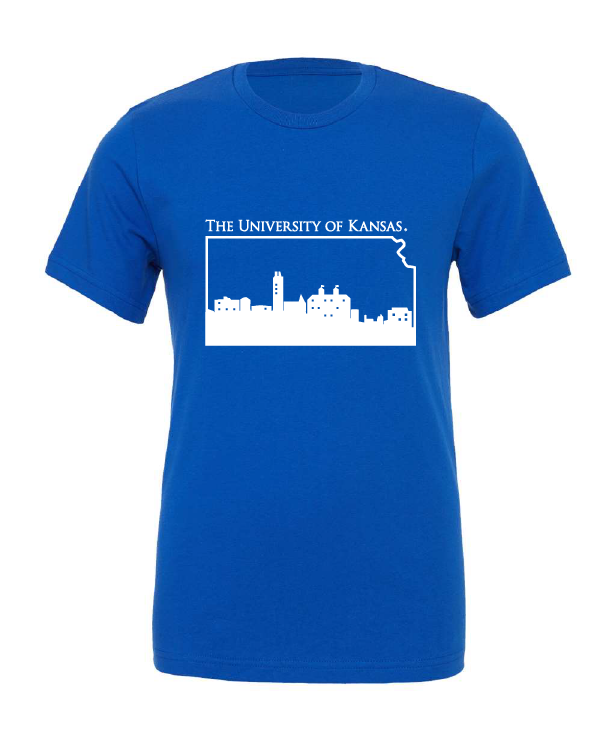 University of Kansas Skyline design on a blue t-shirt