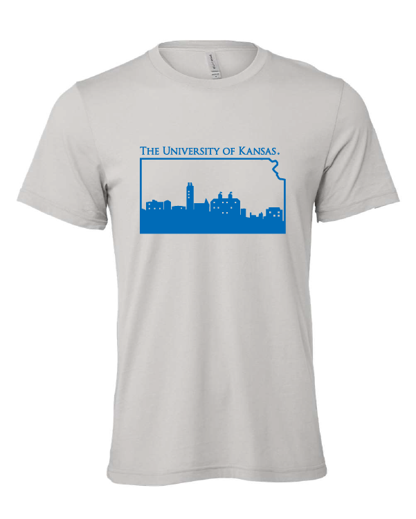 University of Kansas Skyline design on a gray t-shirt