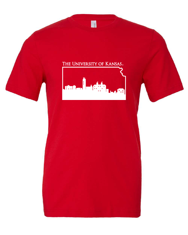 University of Kansas Skyline design on a red t-shirt