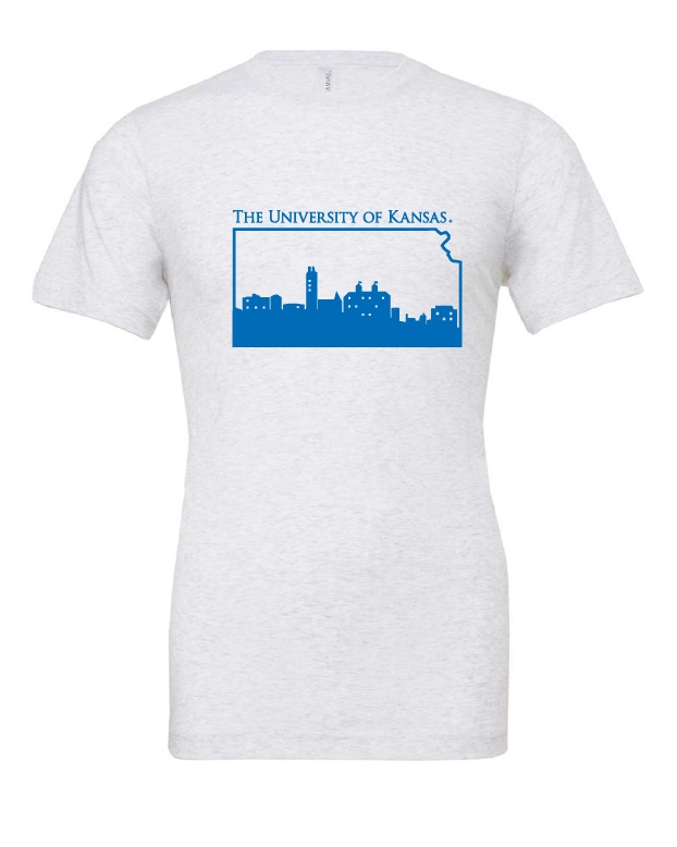 University of Kansas Skyline design on a white t-shirt
