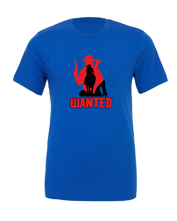 Wanted design on a blue t-shirt