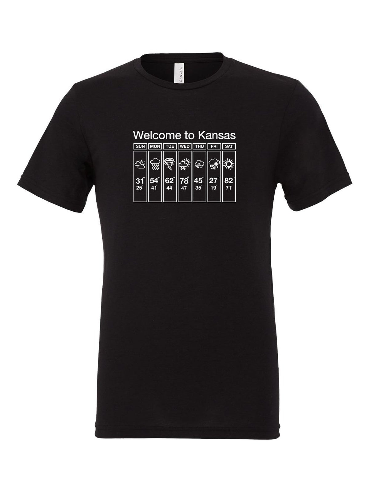 Welcome to Kansas on a black t-shirt