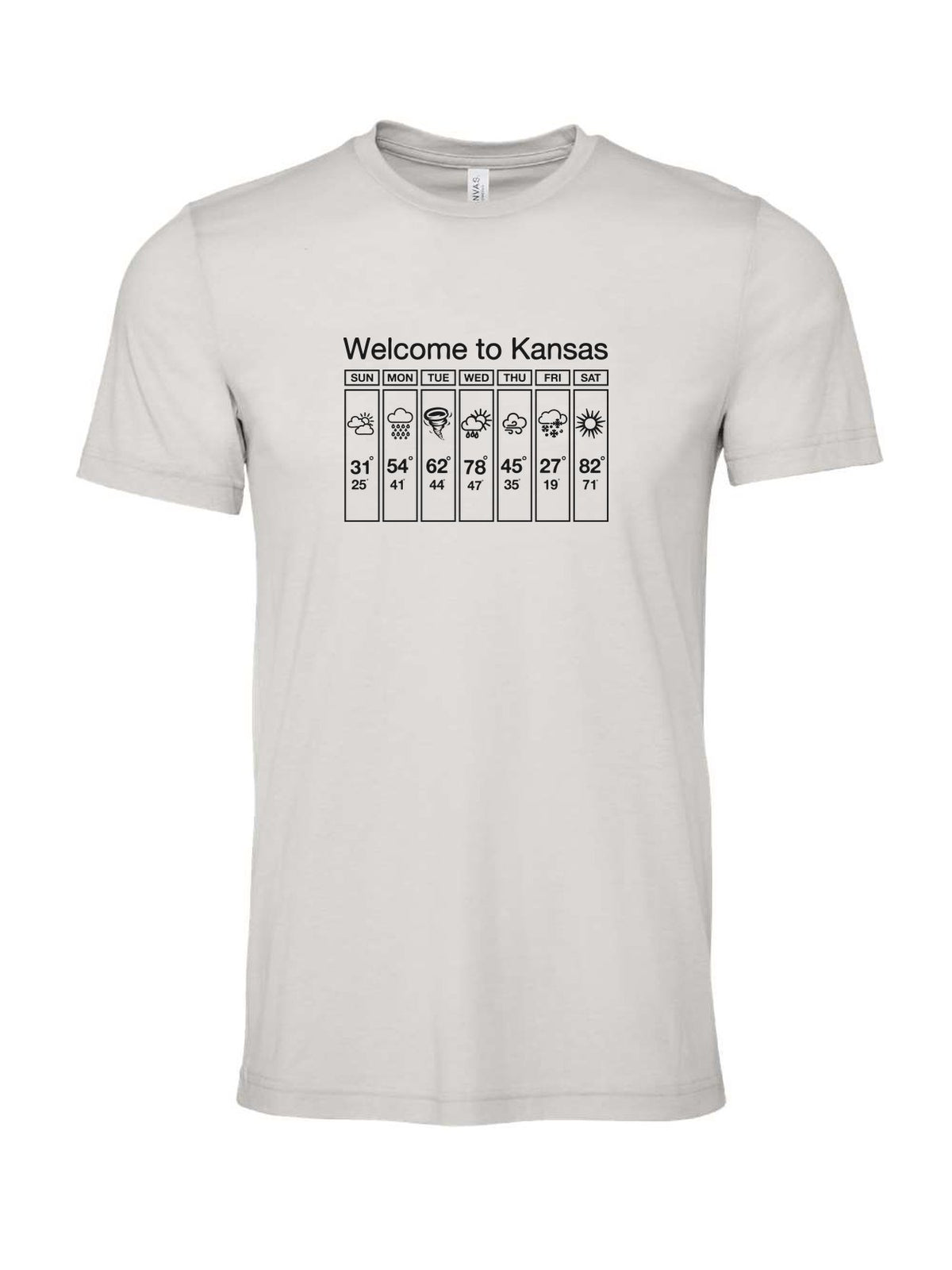 Welcome to Kansas on a cement gray t-shirt