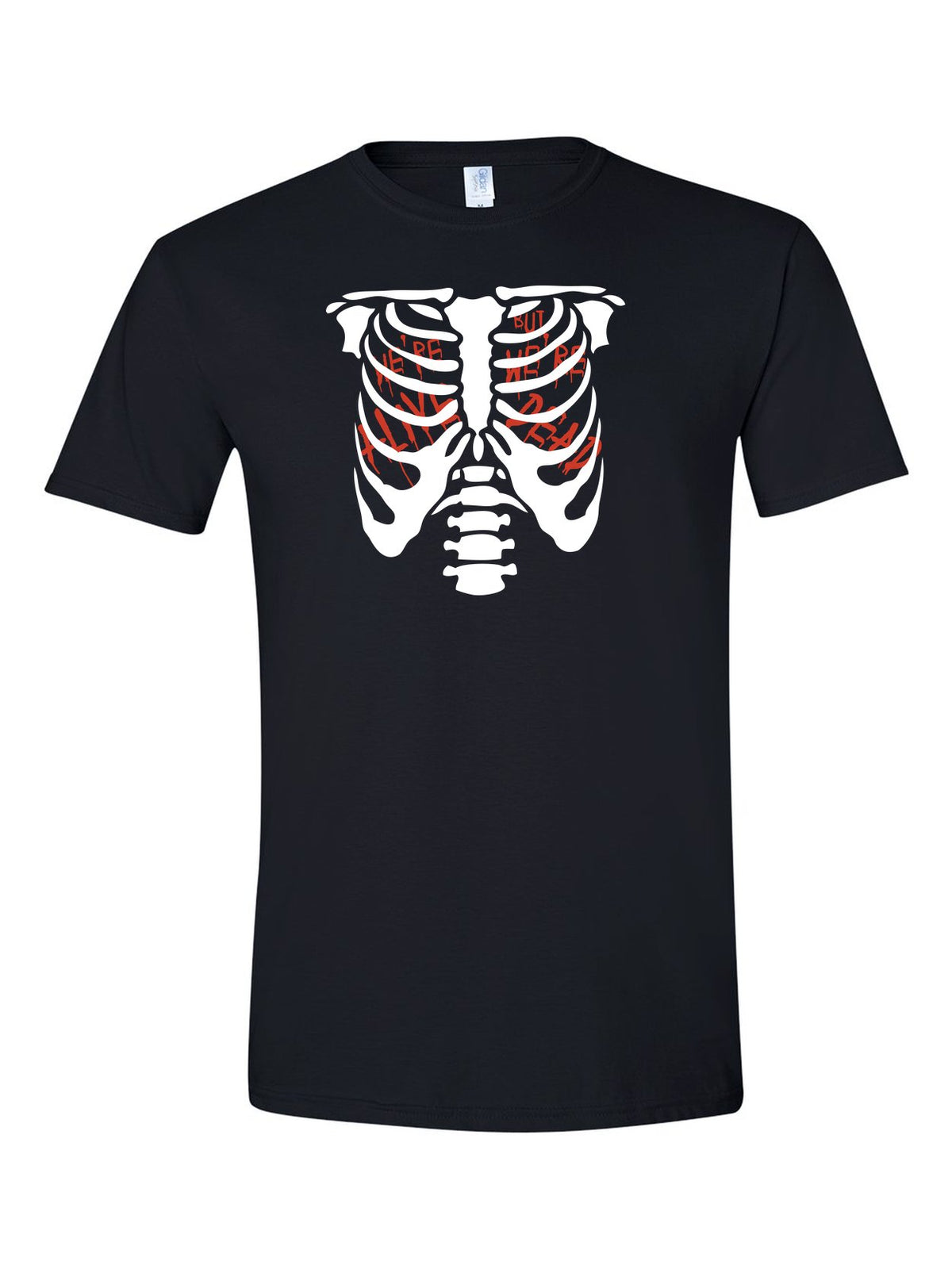 We're Alive but We're Dead design on a black t-shirt