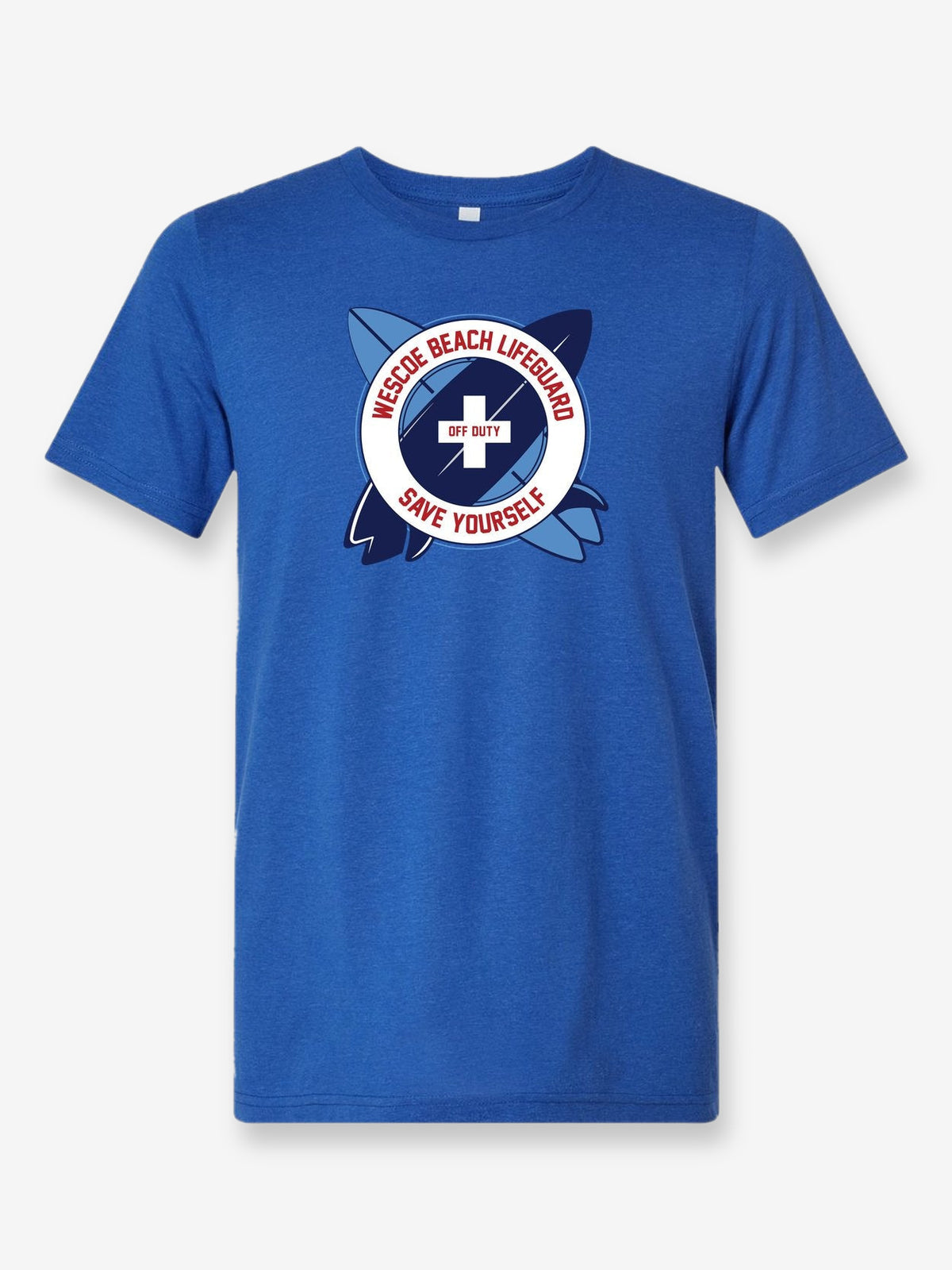 Wesco Beach Life Guard on a royal blue t-shirt