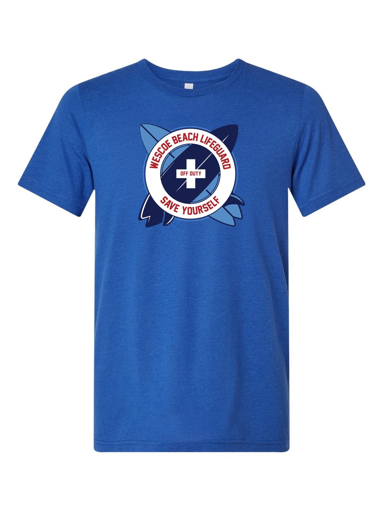 Wesco Beach Life Guard on a royal blue t-shirt
