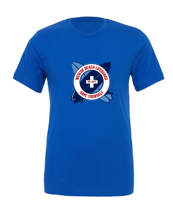 Wesco Beach Life Guard design on a blue t-shirt