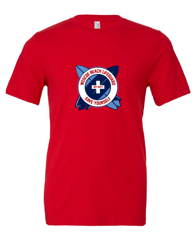 Wesco Beach Life Guard design on a red t-shirt