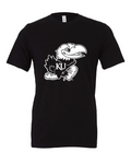 Blue and White Jayhawk design on a black t-shirt