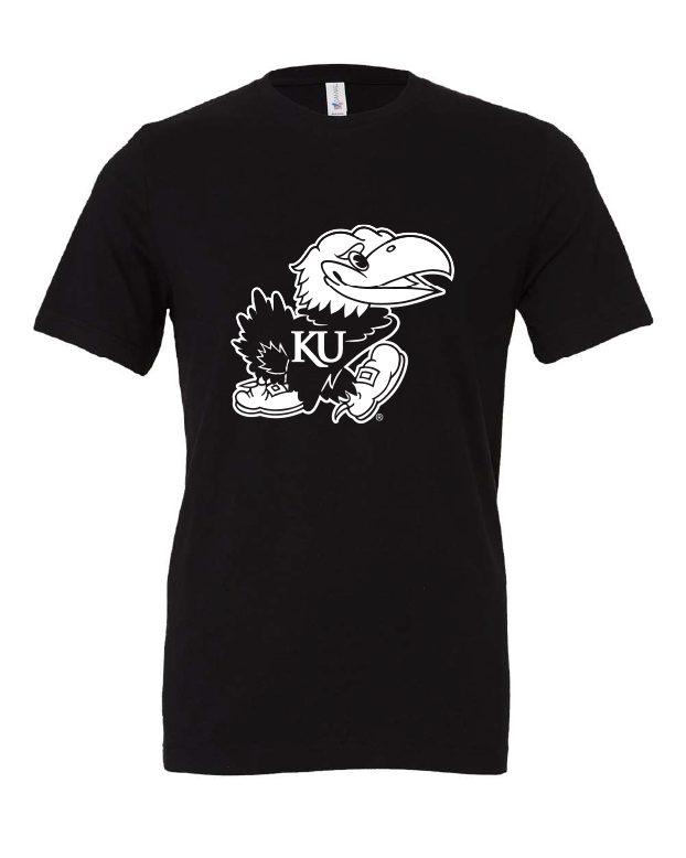 Blue and White Jayhawk design on a black t-shirt