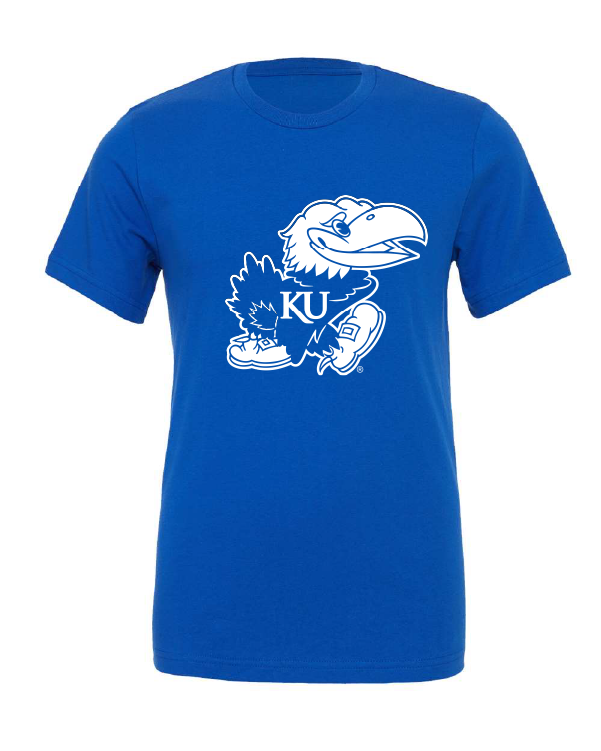 Blue and White Jayhawk design on a blue t-shirt