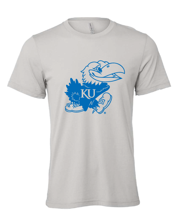 Blue and White Jayhawk design on a gray t-shirt