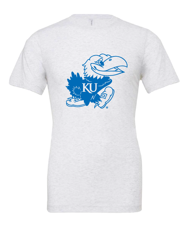 Blue and White Jayhawk design on a white t-shirt