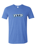 Yetis flag football logo printed on a heather royal t-shirt