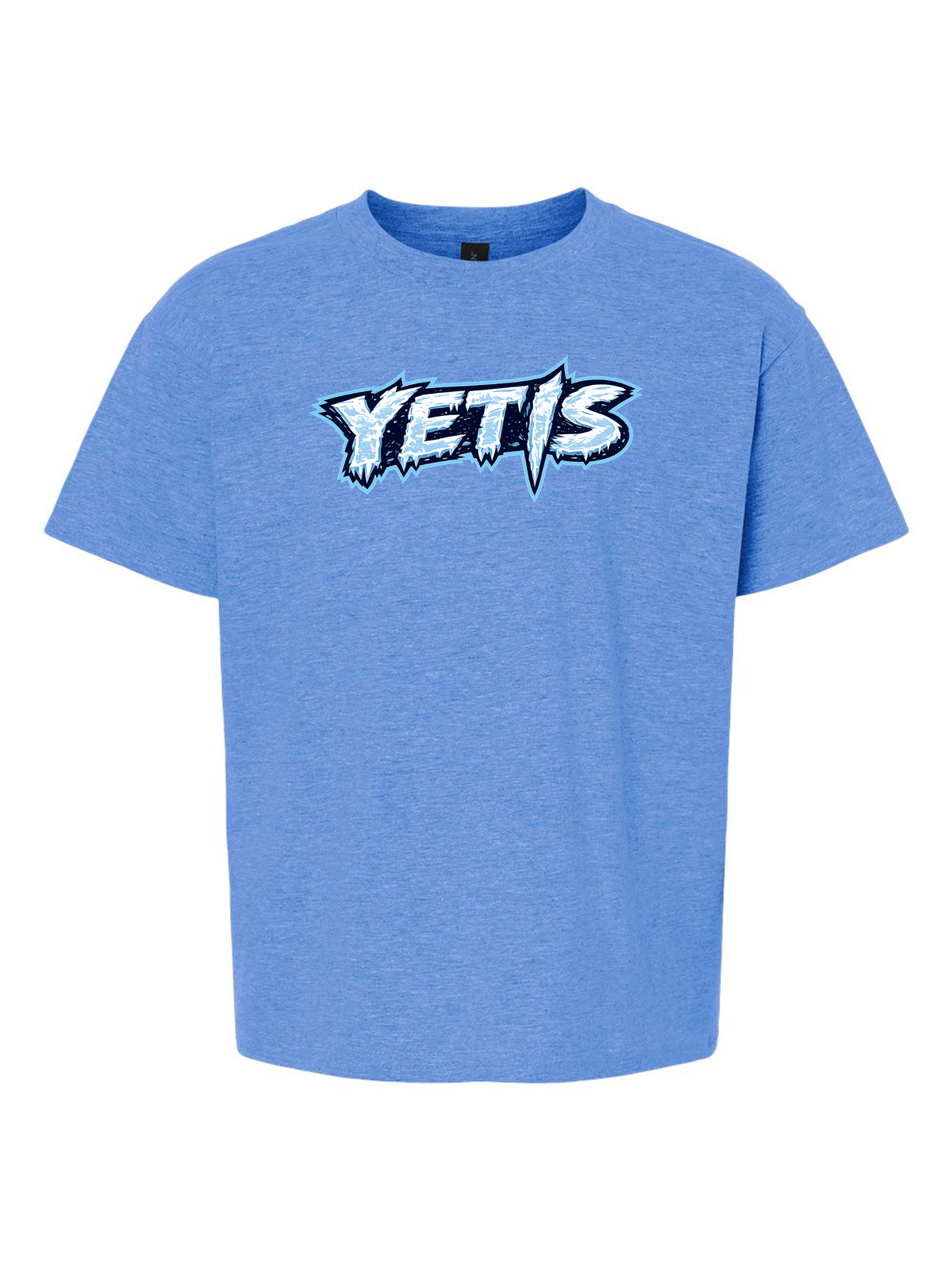 Yetis flag football logo printed on a youth heather royal t-shirt