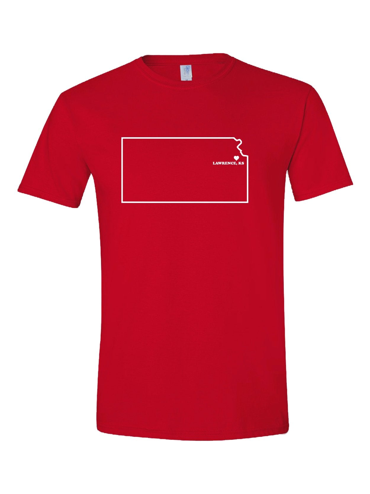 You Are Here Lawrence, KS on a true red t-shirt