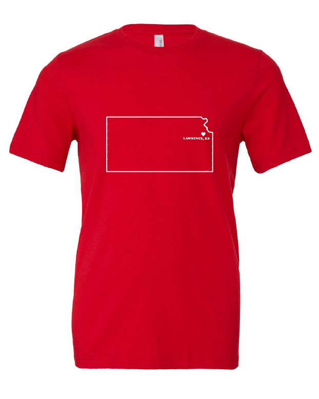 You Are Here Lawrence, KS design on a red t-shirt