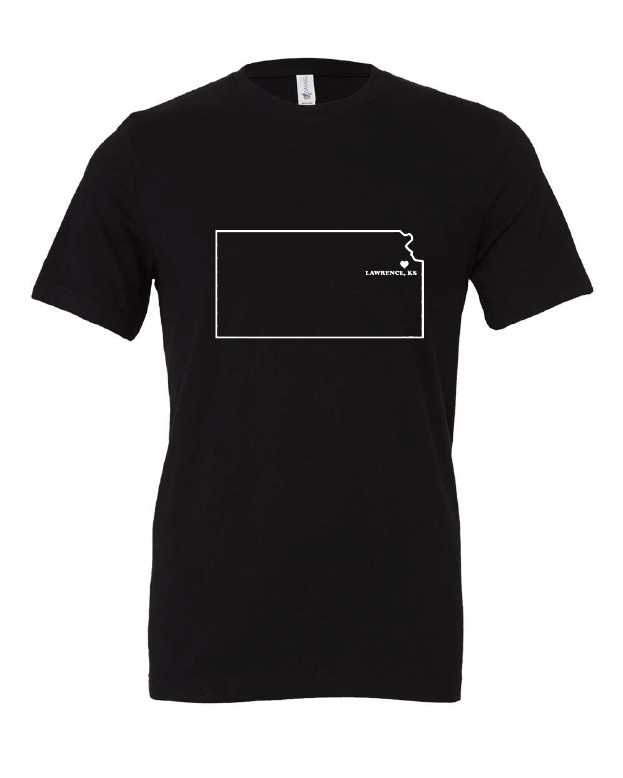 You Are Here Lawrence, KS design on a black t-shirt